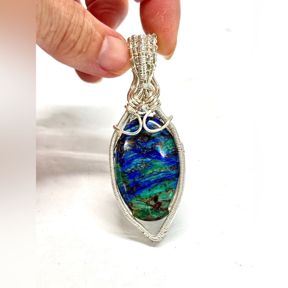 HAND CRAFTED AzurMalachite Wire Wrapped Plates Silver Pendant, Handmade Jewelry
